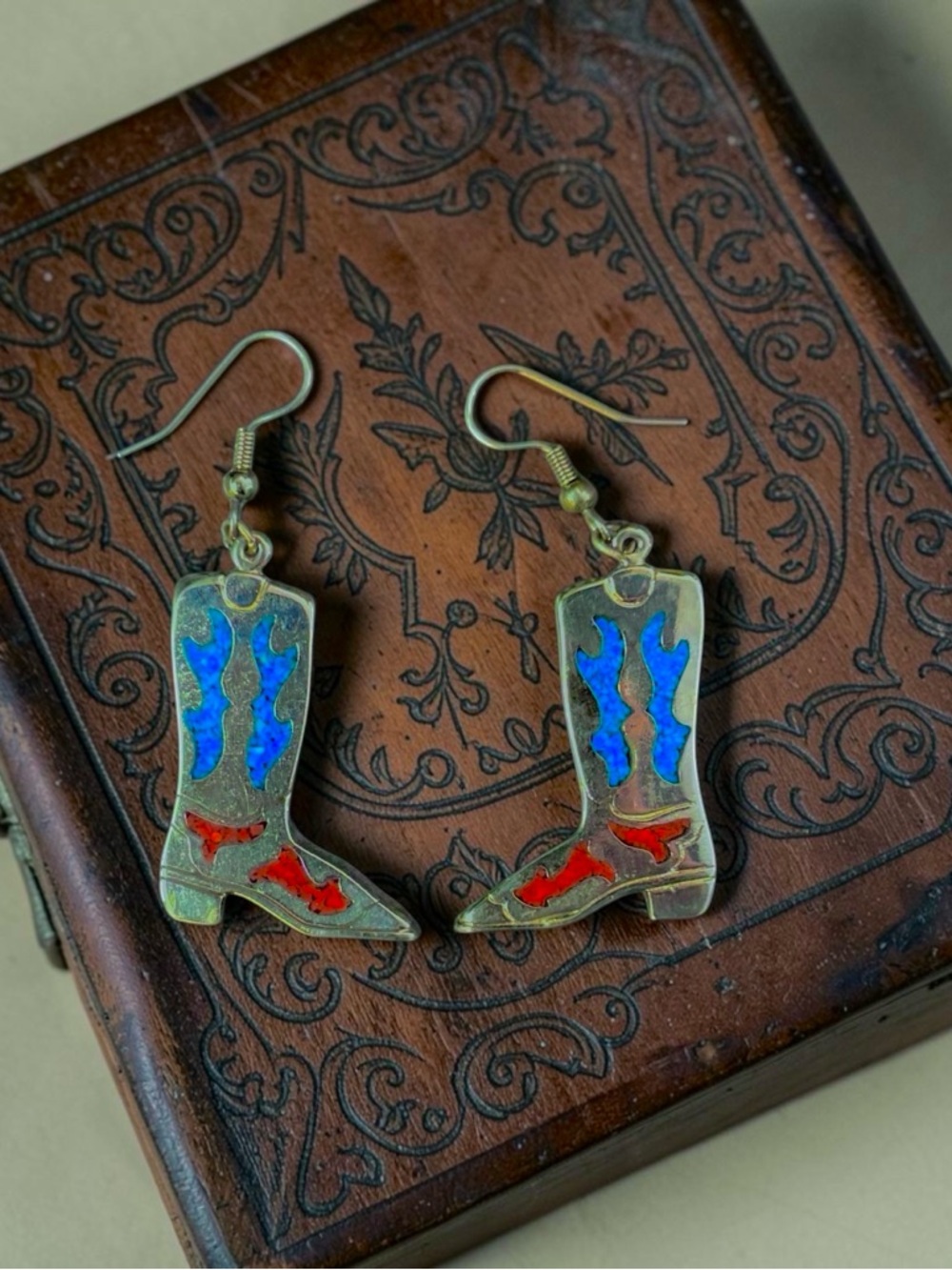 Western Cowboy Boot Dangle Earrings with Blue & Red Inlay